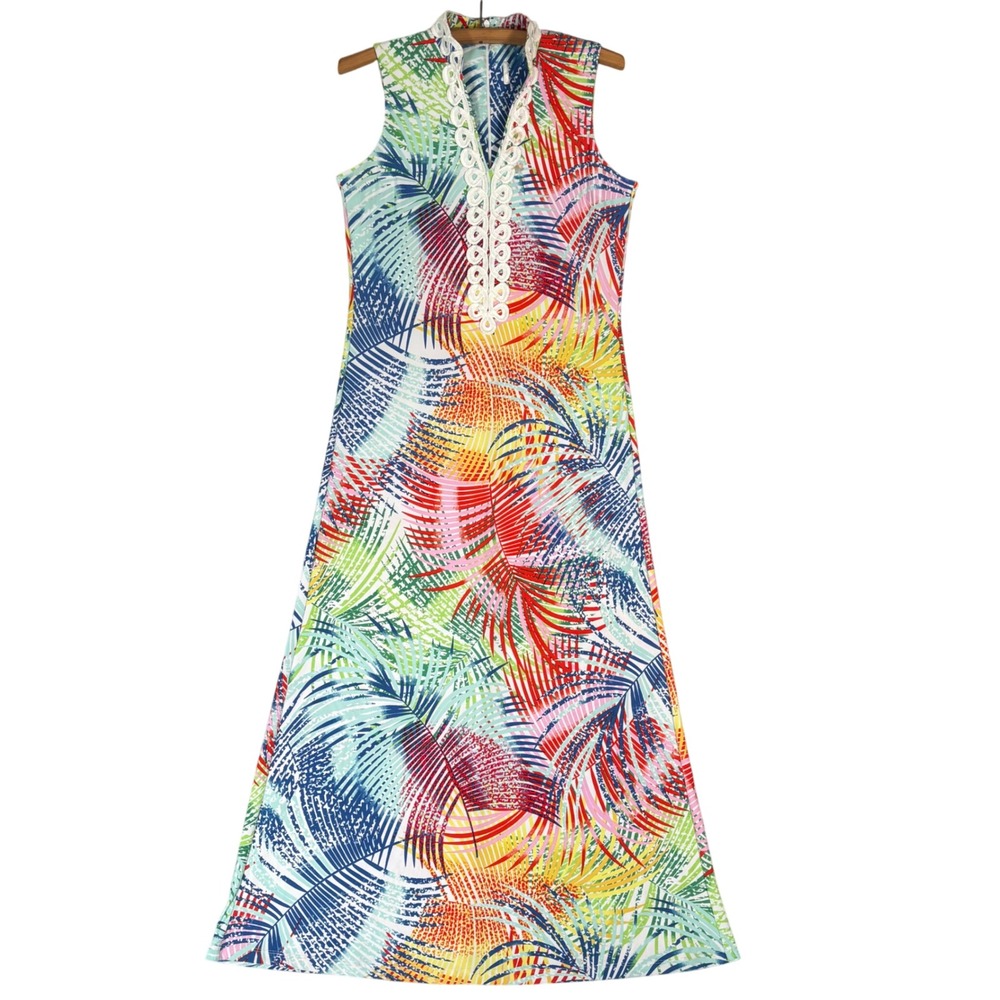 Cappagallo Tropical Palm Leaf Print Sleeveless Maxi Dress Lace Trim V-Neck 8